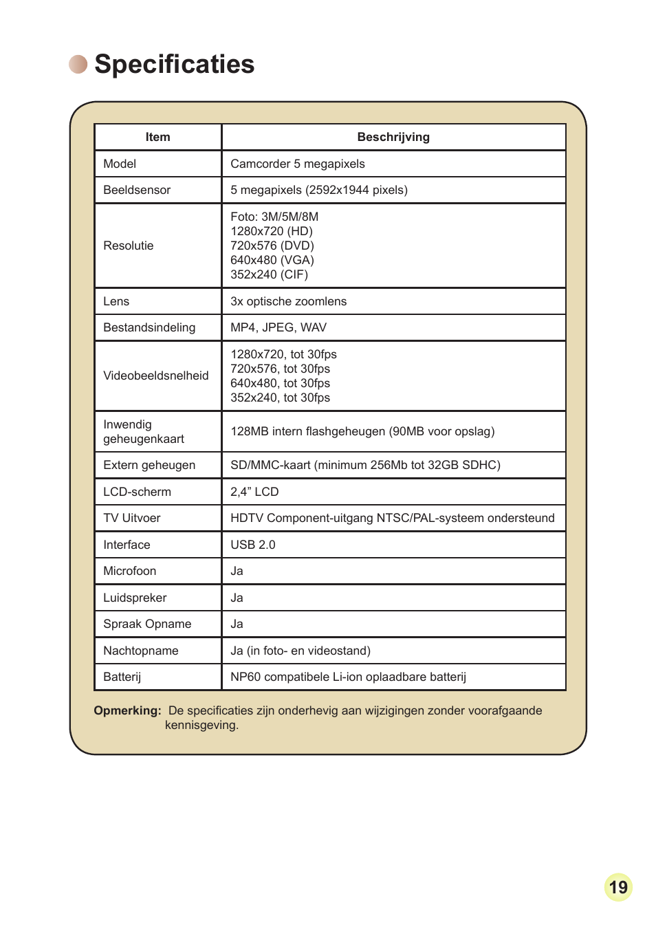 Specificaties | Toshiba Camileo Pro HD User Manual | Page 140 / 194