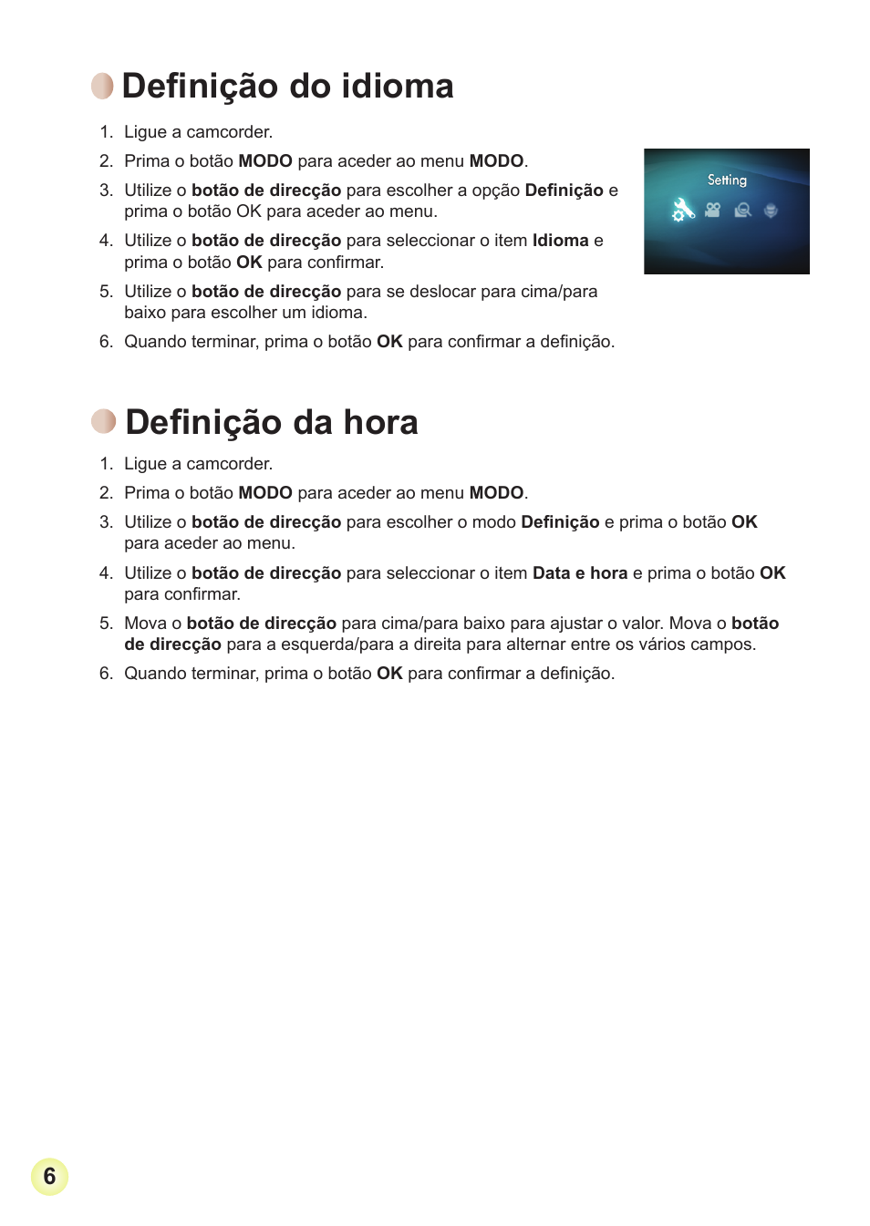 Definição do idioma, Definição da hora | Toshiba Camileo Pro HD User Manual | Page 151 / 194