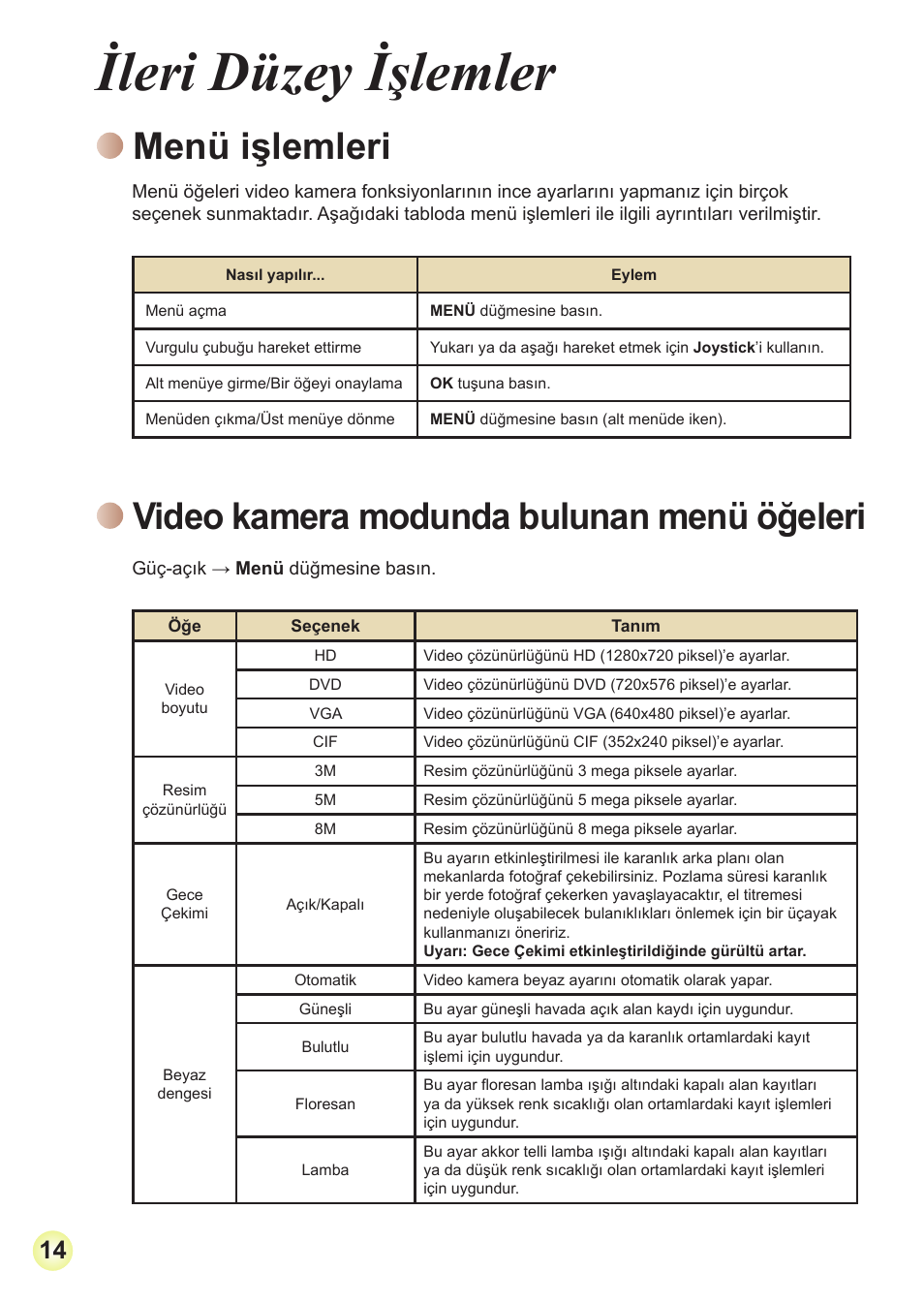 Ileri düzey işlemler, Menü işlemleri, Video kamera modunda bulunan menü öğeleri | Toshiba Camileo Pro HD User Manual | Page 183 / 194