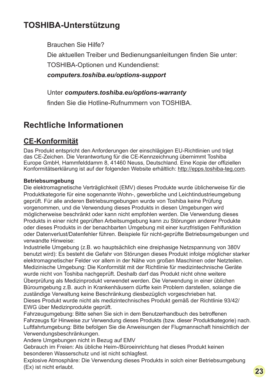 Toshiba-unterstützung, Rechtliche informationen, Ce-konformität | Toshiba Camileo Pro HD User Manual | Page 48 / 194