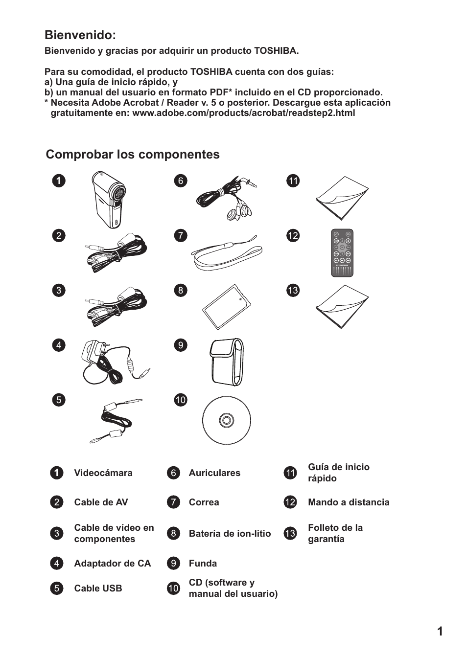 Español, Bienvenido, Comprobar los componentes | Toshiba Camileo Pro HD User Manual | Page 50 / 194