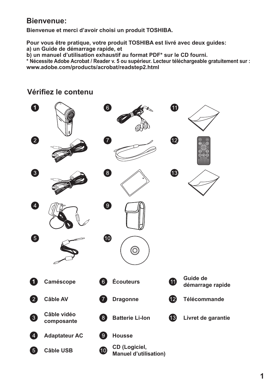 Français, Bienvenue, Vérifiez le contenu | Toshiba Camileo Pro HD User Manual | Page 74 / 194