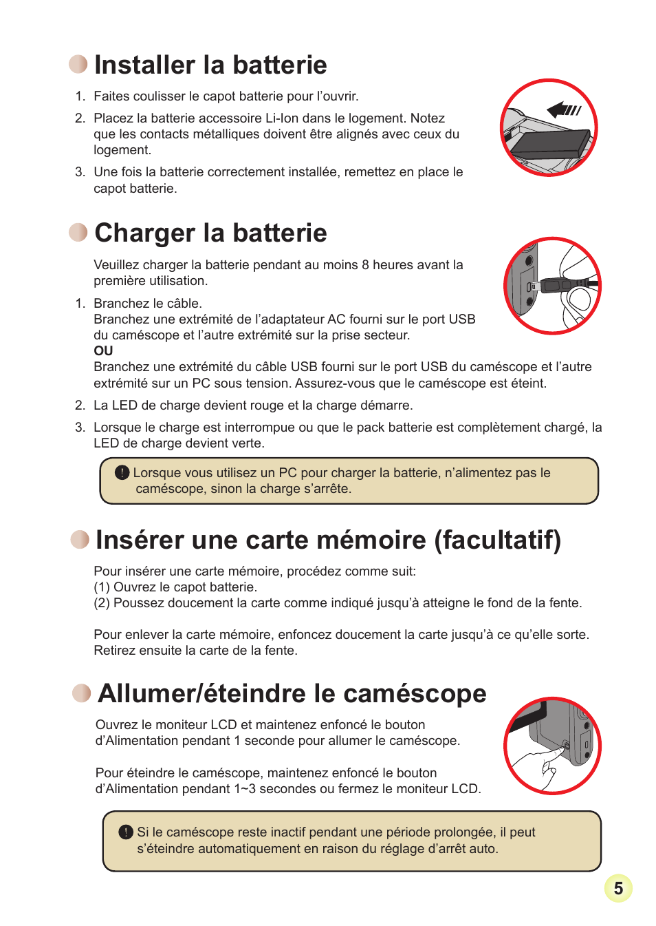 Installer la batterie, Charger la batterie, Insérer une carte mémoire (facultatif) | Allumer/éteindre le caméscope | Toshiba Camileo Pro HD User Manual | Page 78 / 194