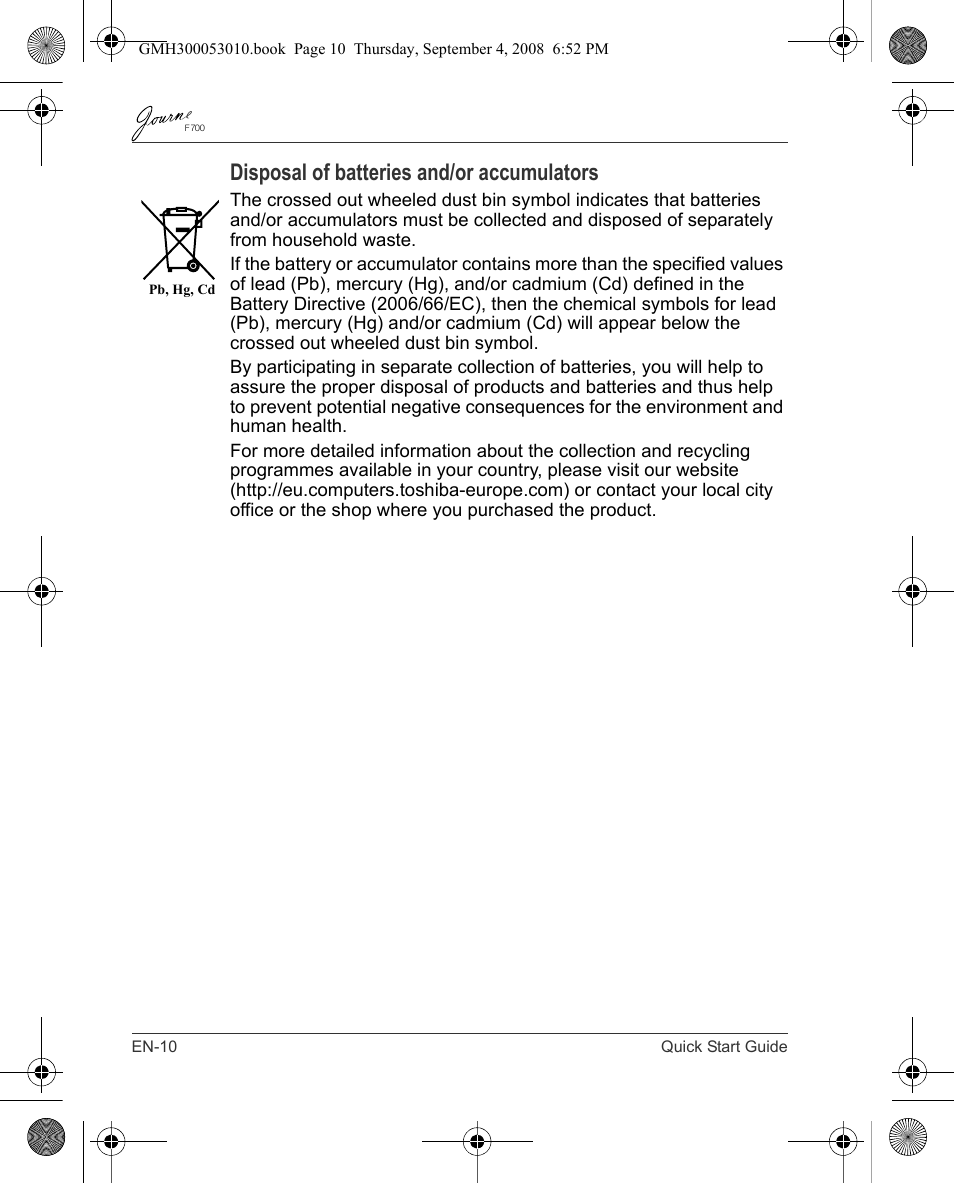 Disposal of batteries and/or accumulators | Toshiba JOURNE F700 User Manual | Page 10 / 102