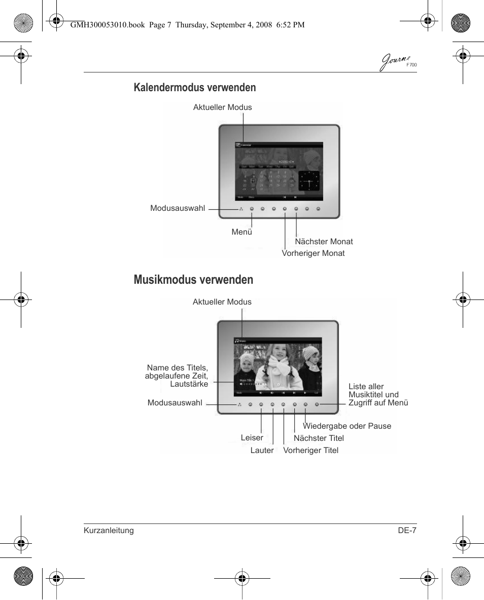 Musikmodus verwenden, Kalendermodus verwenden | Toshiba JOURNE F700 User Manual | Page 17 / 102