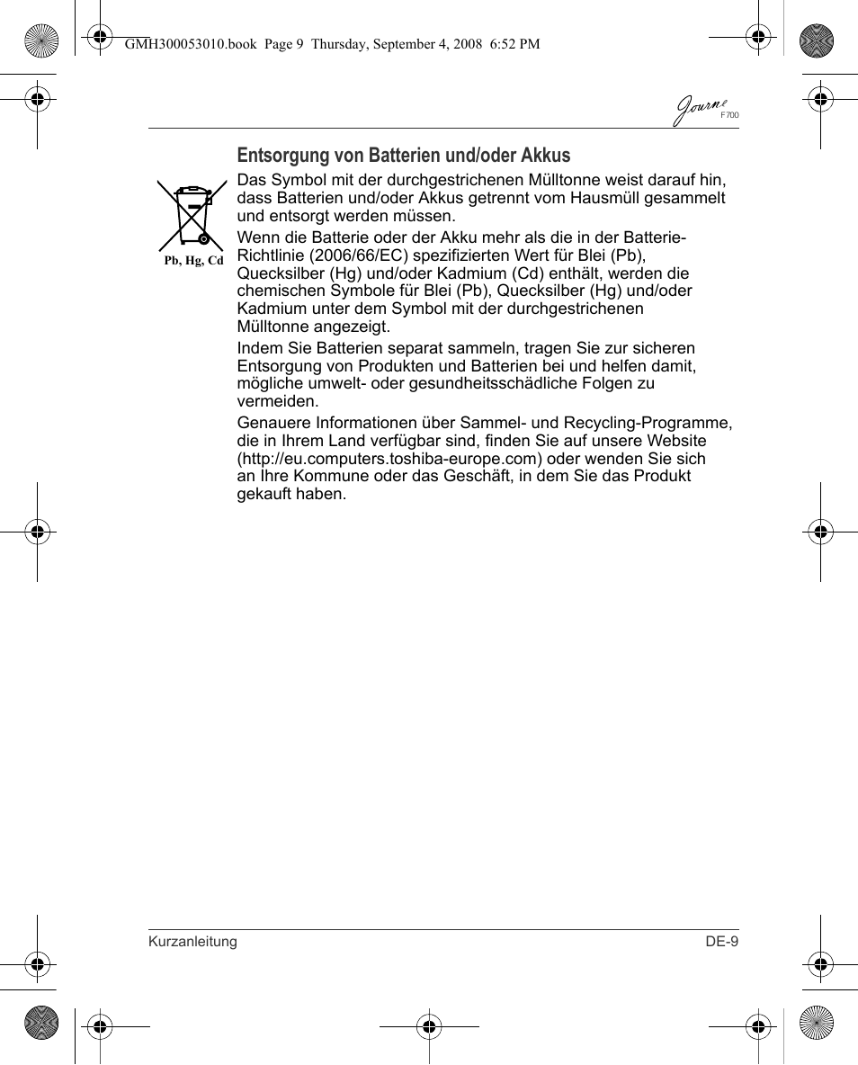 Entsorgung von batterien und/oder akkus | Toshiba JOURNE F700 User Manual | Page 19 / 102