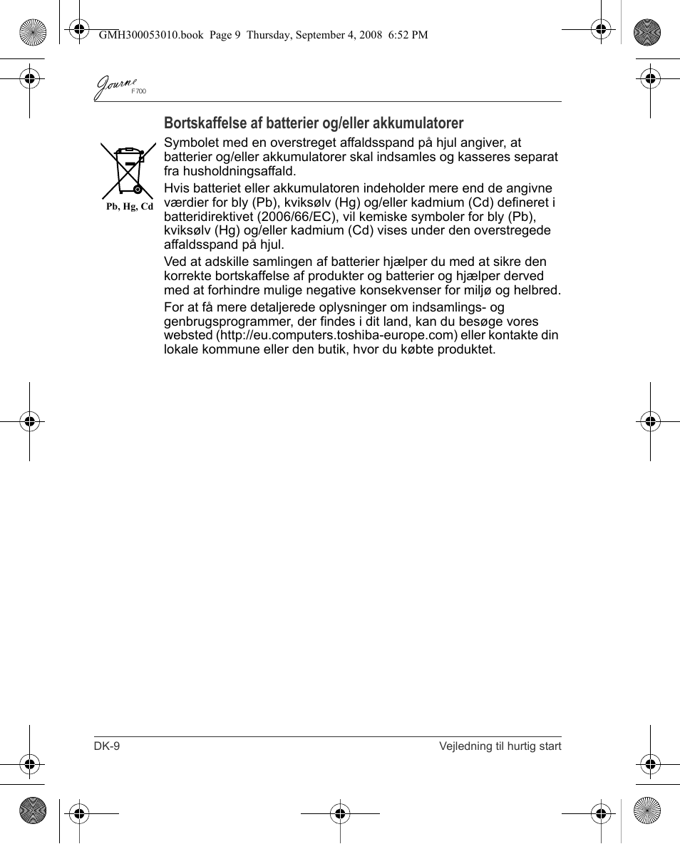 Bortskaffelse af batterier og/eller akkumulatorer | Toshiba JOURNE F700 User Manual | Page 28 / 102