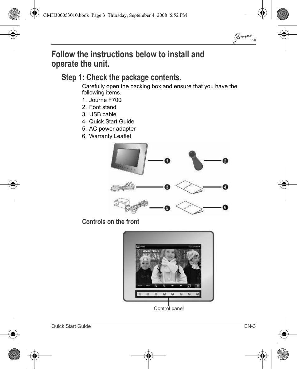 Step 1: check the package contents, Controls on the front | Toshiba JOURNE F700 User Manual | Page 3 / 102