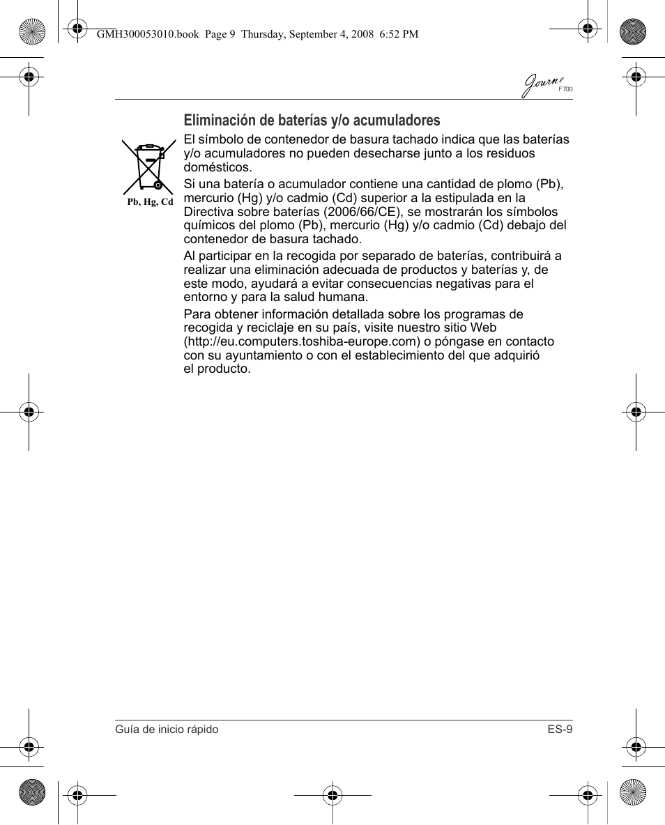 Eliminación de baterías y/o acumuladores | Toshiba JOURNE F700 User Manual | Page 37 / 102