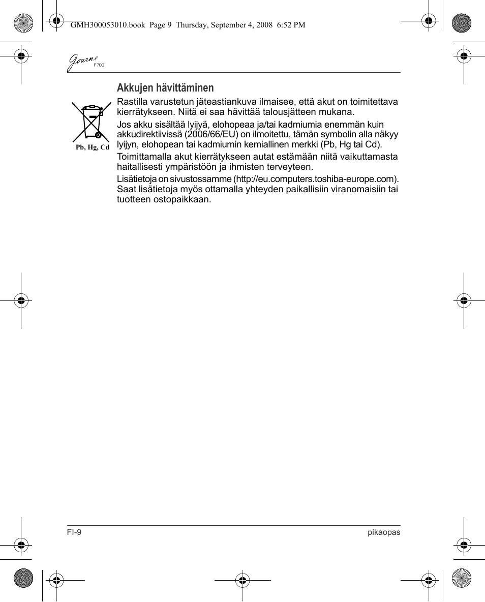 Akkujen hävittäminen | Toshiba JOURNE F700 User Manual | Page 46 / 102