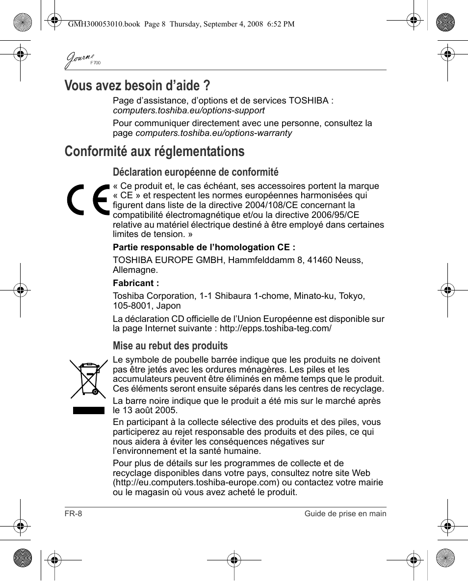 Vous avez besoin d’aide, Conformité aux réglementations, Déclaration européenne de conformité | Mise au rebut des produits | Toshiba JOURNE F700 User Manual | Page 54 / 102