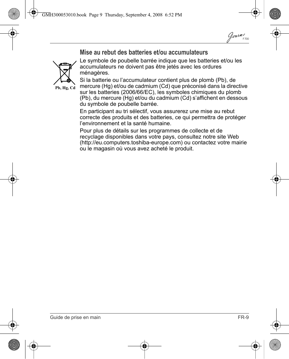 Mise au rebut des batteries et/ou accumulateurs | Toshiba JOURNE F700 User Manual | Page 55 / 102