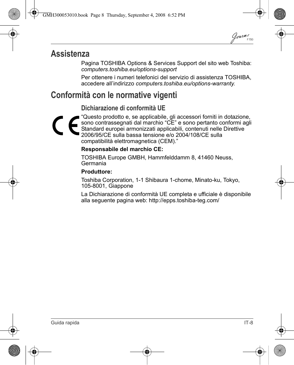 Assistenza, Conformità con le normative vigenti, Dichiarazione di conformità ue | Toshiba JOURNE F700 User Manual | Page 63 / 102