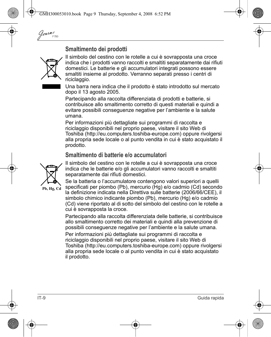 Smaltimento dei prodotti, Smaltimento di batterie e/o accumulatori | Toshiba JOURNE F700 User Manual | Page 64 / 102