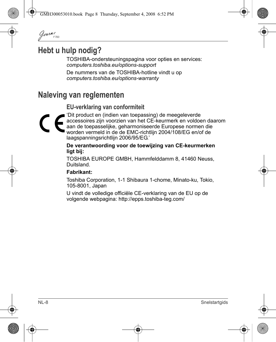 Hebt u hulp nodig, Naleving van reglementen, Eu-verklaring van conformiteit | Toshiba JOURNE F700 User Manual | Page 72 / 102