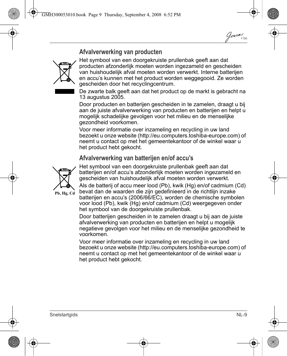 Afvalverwerking van producten, Afvalverwerking van batterijen en/of accu’s | Toshiba JOURNE F700 User Manual | Page 73 / 102