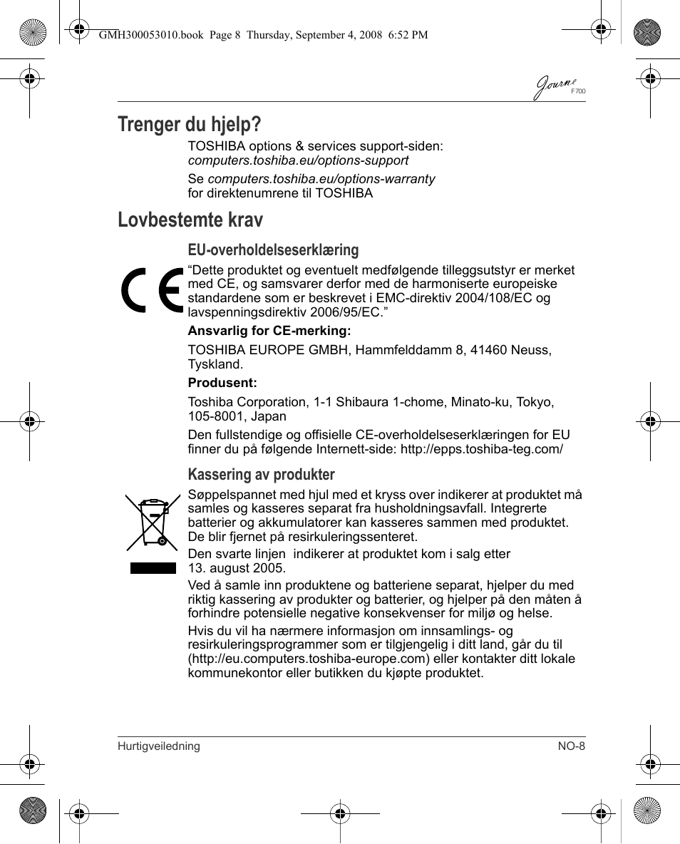 Trenger du hjelp, Lovbestemte krav, Eu-overholdelseserklæring | Kassering av produkter | Toshiba JOURNE F700 User Manual | Page 81 / 102