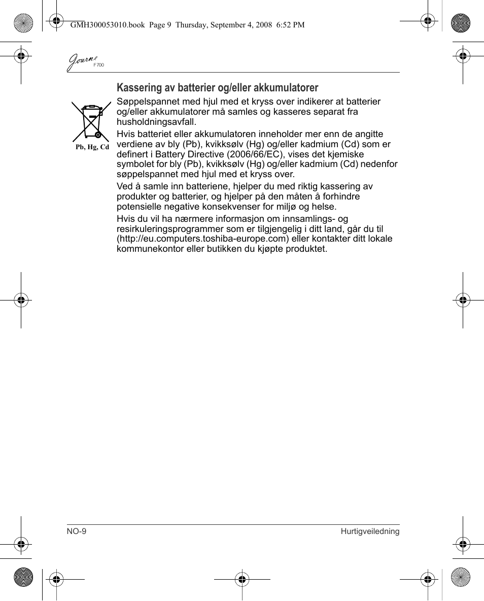 Kassering av batterier og/eller akkumulatorer | Toshiba JOURNE F700 User Manual | Page 82 / 102