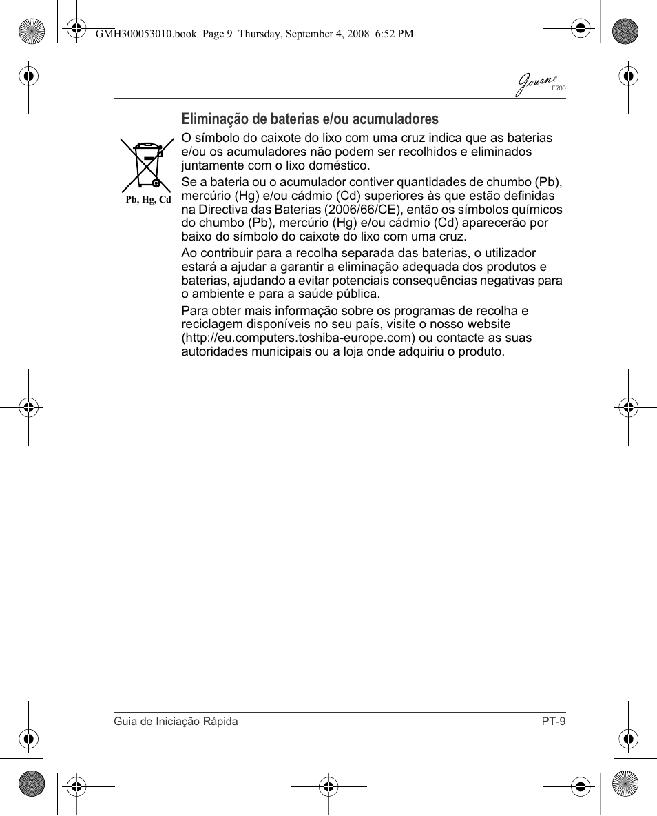 Eliminação de baterias e/ou acumuladores | Toshiba JOURNE F700 User Manual | Page 91 / 102