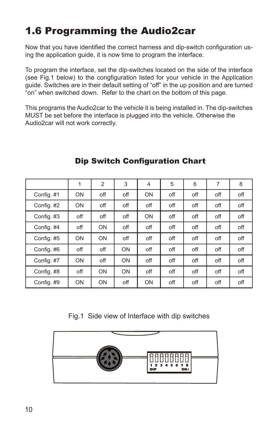 6 programming the audio2car, Dip switch configuration chart, Top view | Fig.1 side view of interface with dip switches | AAMP of America PXDX-KI User Manual | Page 12 / 20