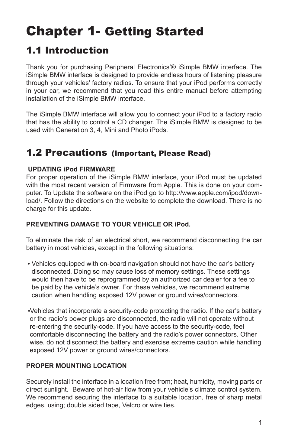 Chapter 1, Getting started, 1 introduction | 2 precautions | AAMP of America Peripheral Simple iPod Interface for BMW User Manual | Page 3 / 10