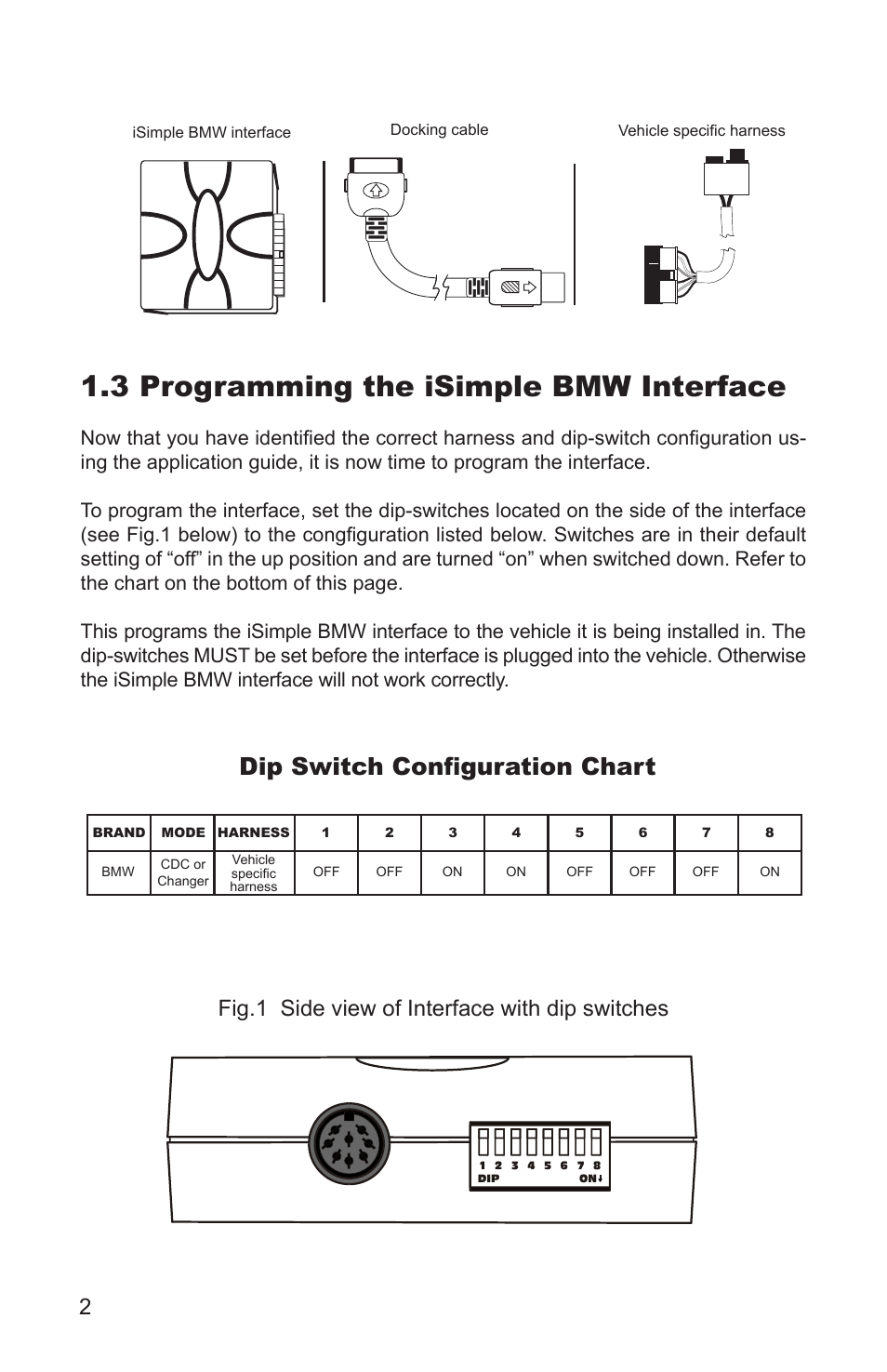 Programming the isimple bmw interface, Dip switch configuration chart, Top view | Fig.1 side view of interface with dip switches 2 | AAMP of America Peripheral Simple iPod Interface for BMW User Manual | Page 4 / 10