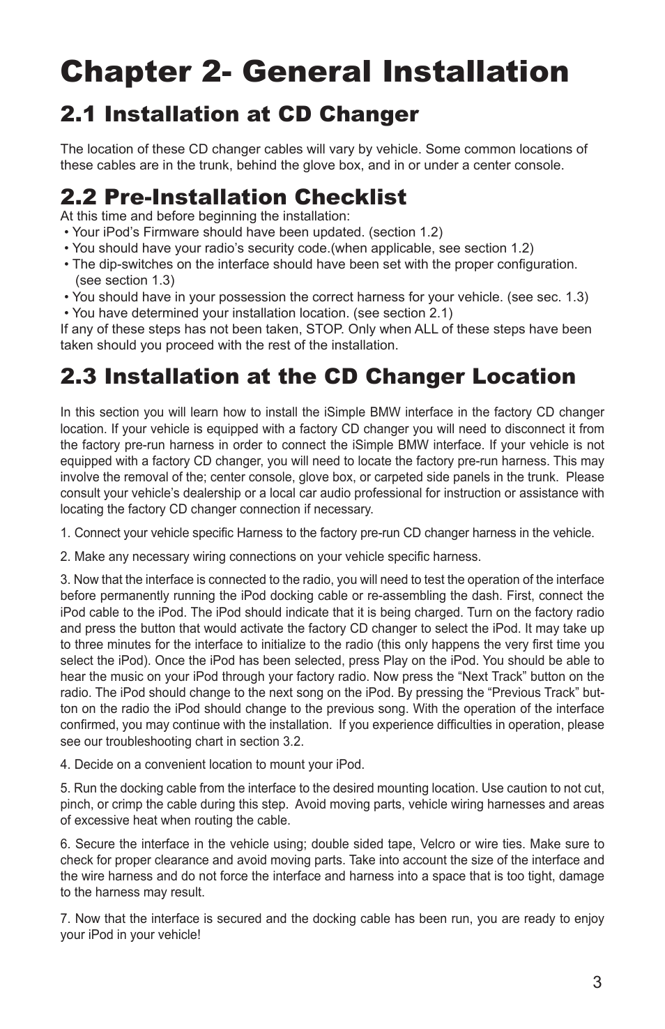 Chapter 2- general installation, 1 installation at cd changer, 2 pre-installation checklist | 3 installation at the cd changer location | AAMP of America Peripheral Simple iPod Interface for BMW User Manual | Page 5 / 10