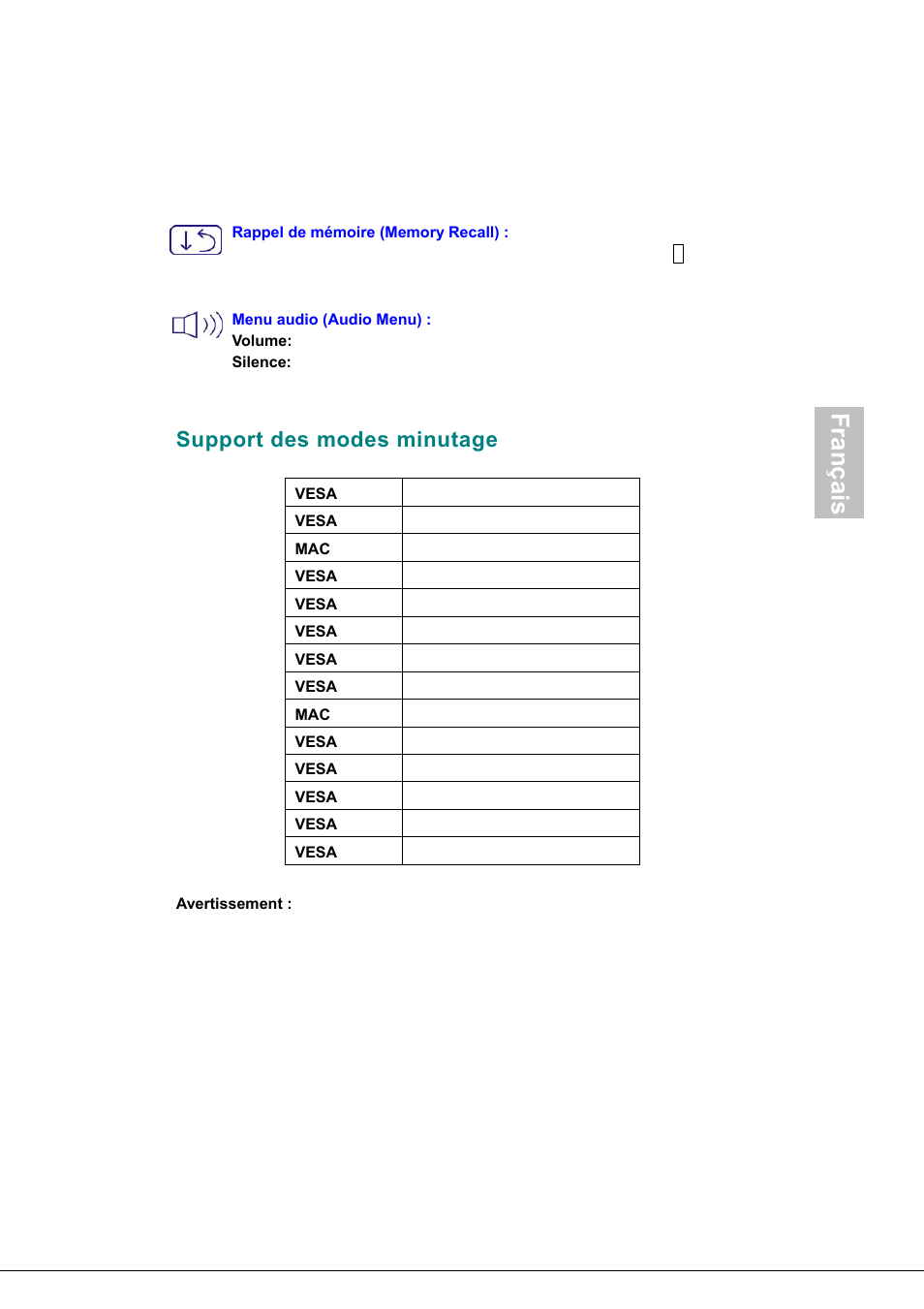 Support des modes minutage, Français | AOC 177Sa-1 User Manual | Page 22 / 37