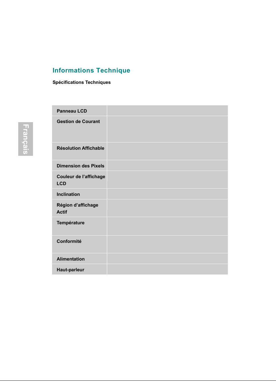 Informations technique, Région d’affichage actif, Conformité | Français | AOC 177Sa-1 User Manual | Page 23 / 37