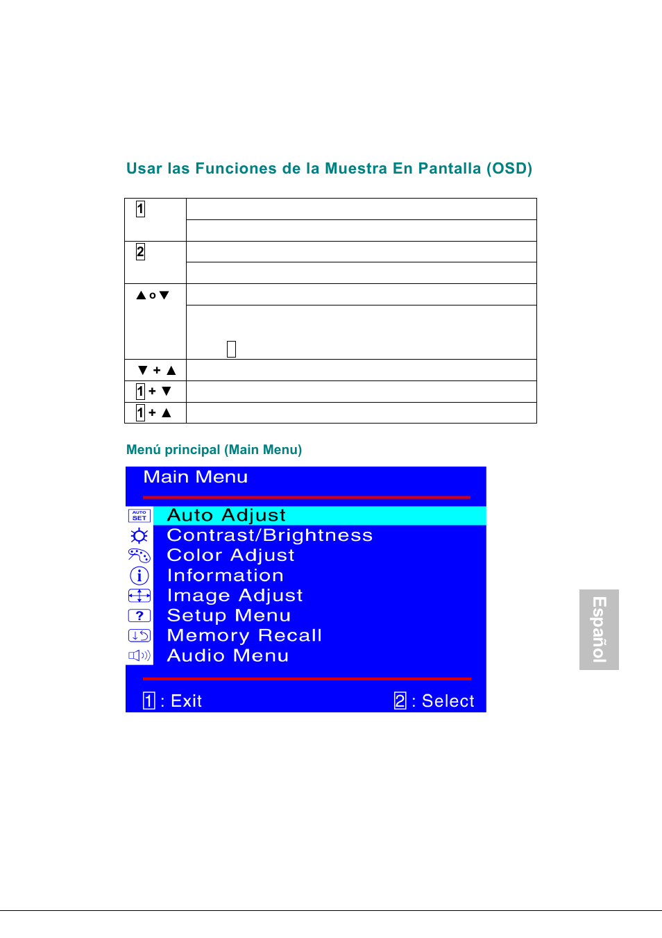 Usar las funciones de la muestra en pantalla (osd), Español | AOC 177Sa-1 User Manual | Page 31 / 37