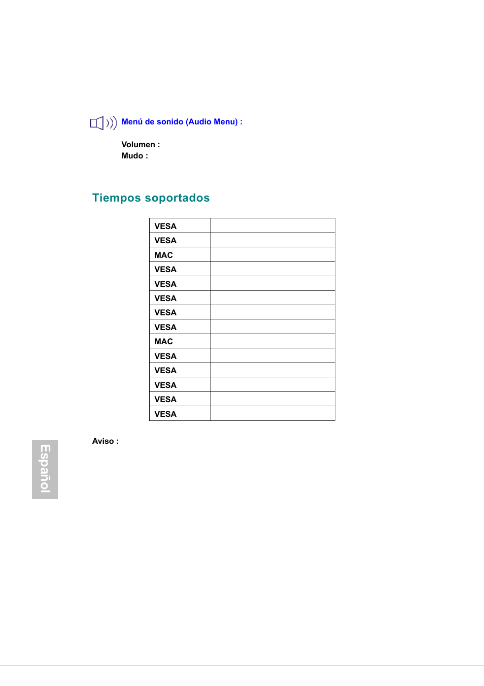 Tiempos soportados, Español | AOC 177Sa-1 User Manual | Page 34 / 37