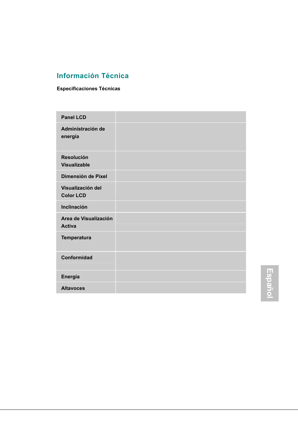 Información técnica, Panel lcd, Administración de energía | Area de visualización activa, Conformidad, Español | AOC 177Sa-1 User Manual | Page 35 / 37