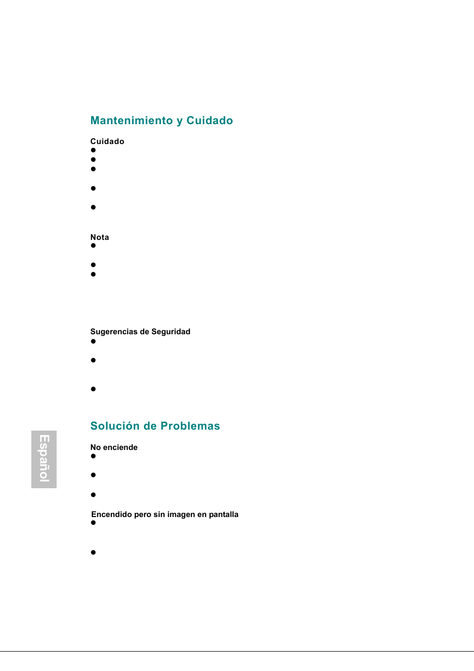 Mantenimiento y cuidado, Cuidado, Nota | Solución de problemas, Español | AOC 177Sa-1 User Manual | Page 36 / 37