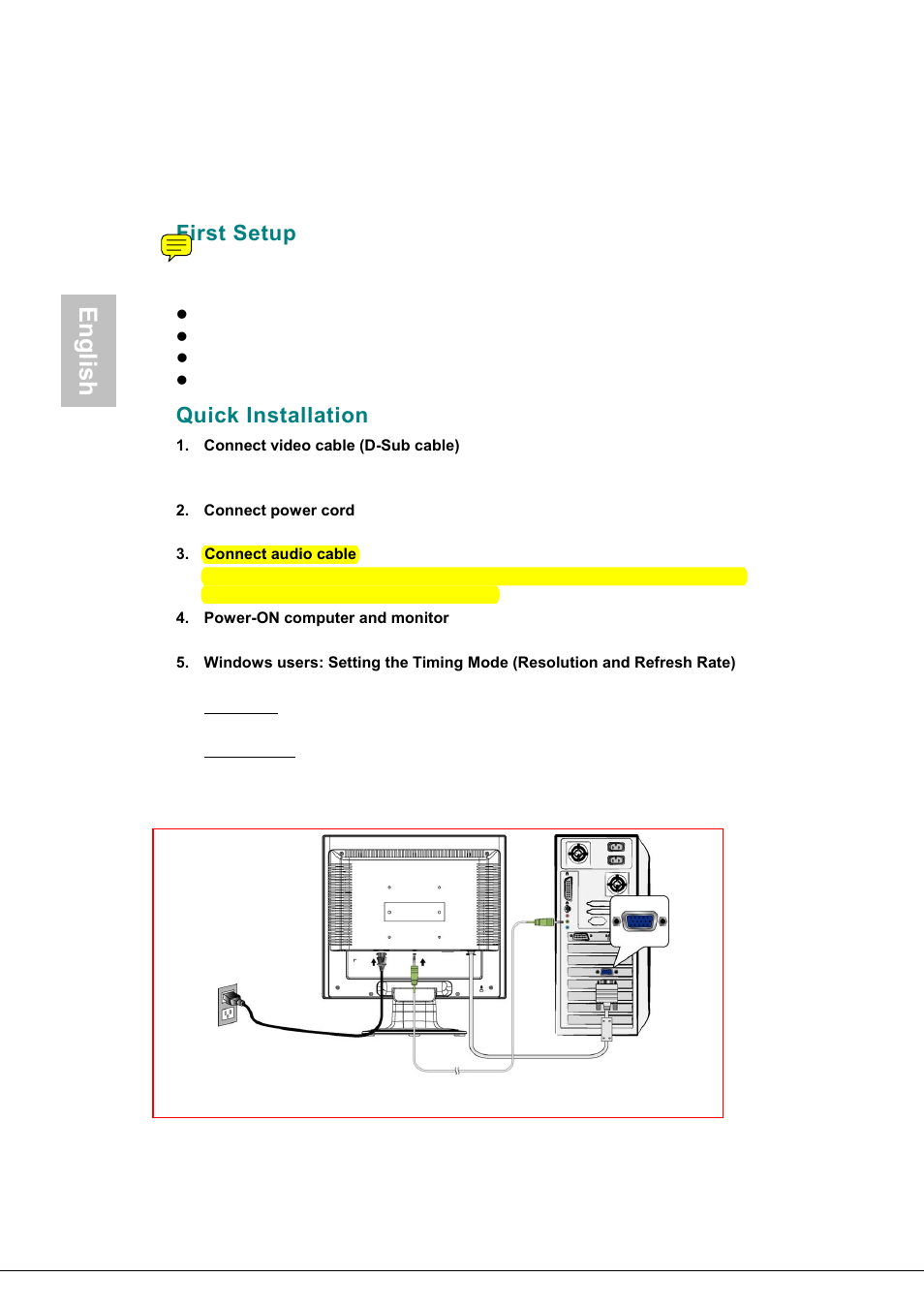 First setup, Quick installation, English | AOC 177Sa-1 User Manual | Page 5 / 37