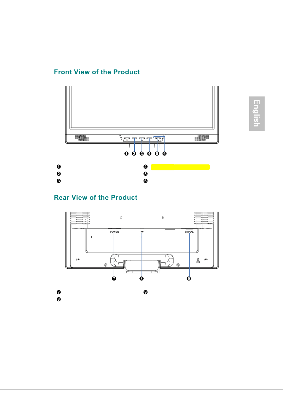 Rear view of the product, English, Glish | Front view of the product | AOC 177Sa-1 User Manual | Page 6 / 37