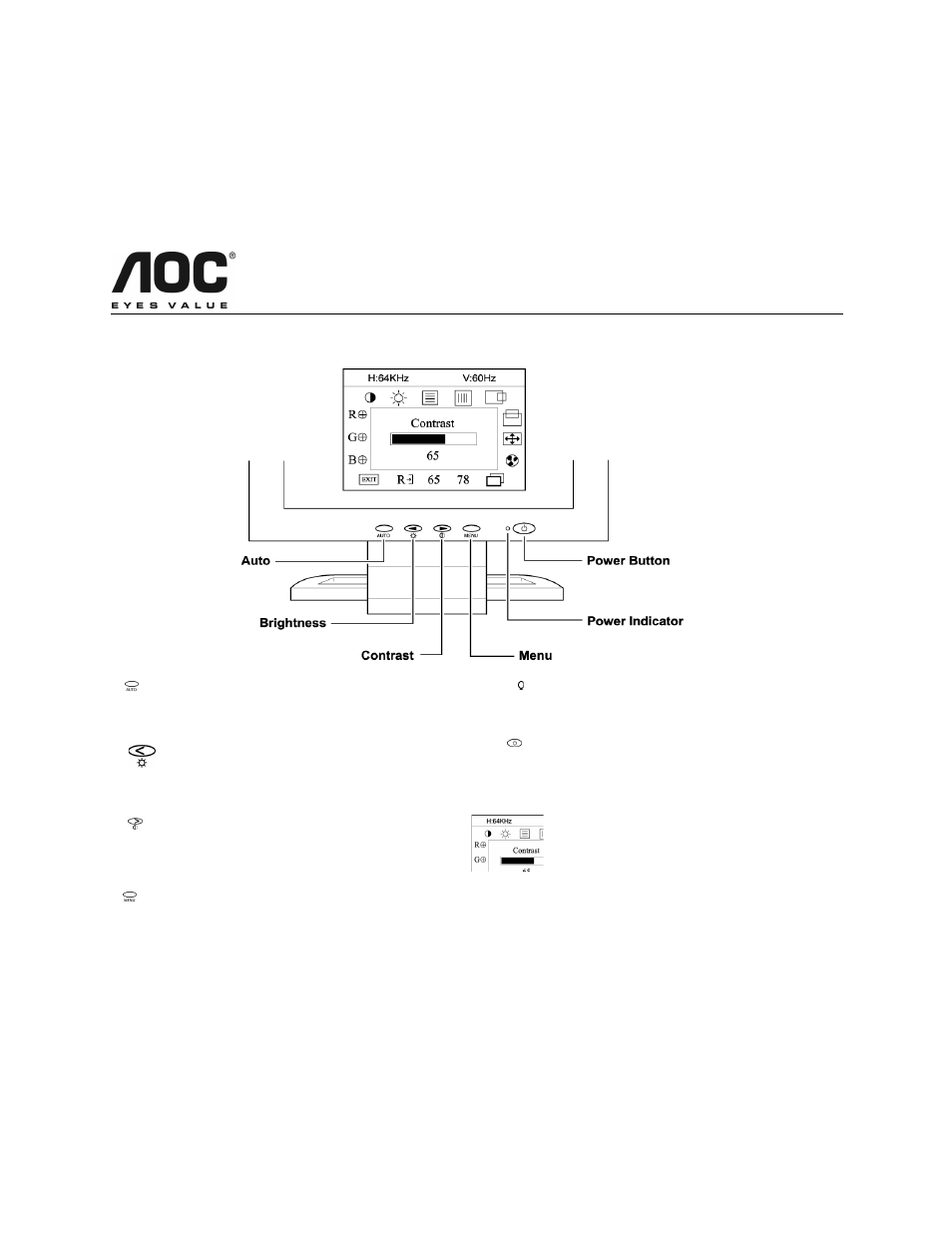 Operating instructions, Aoc lm720bge, Front panel buttons | AOC LM720BGE User Manual | Page 10 / 19