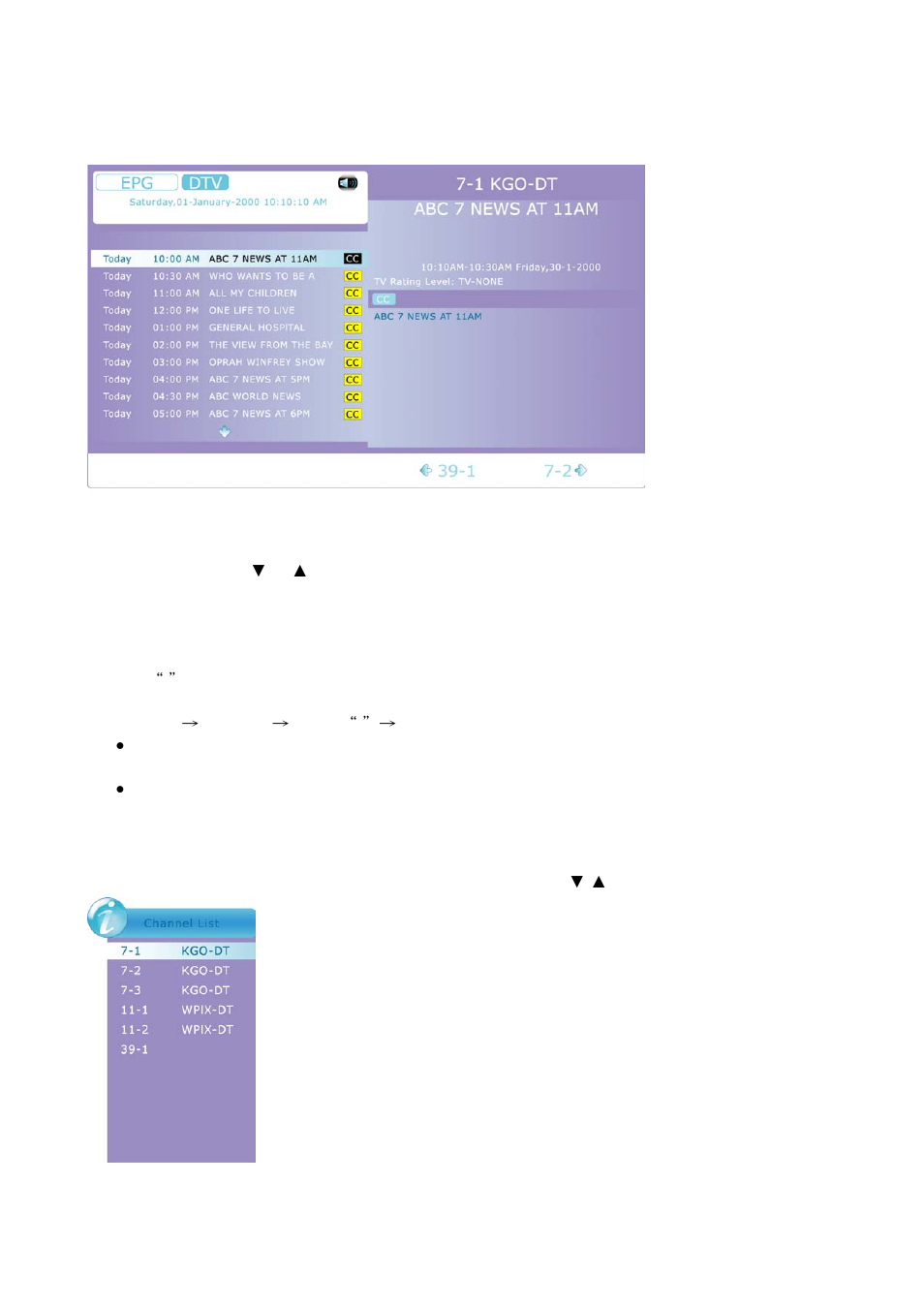 Electronic program guide (epg), Channel select, List | AOC ENVISION L24H898 User Manual | Page 23 / 40