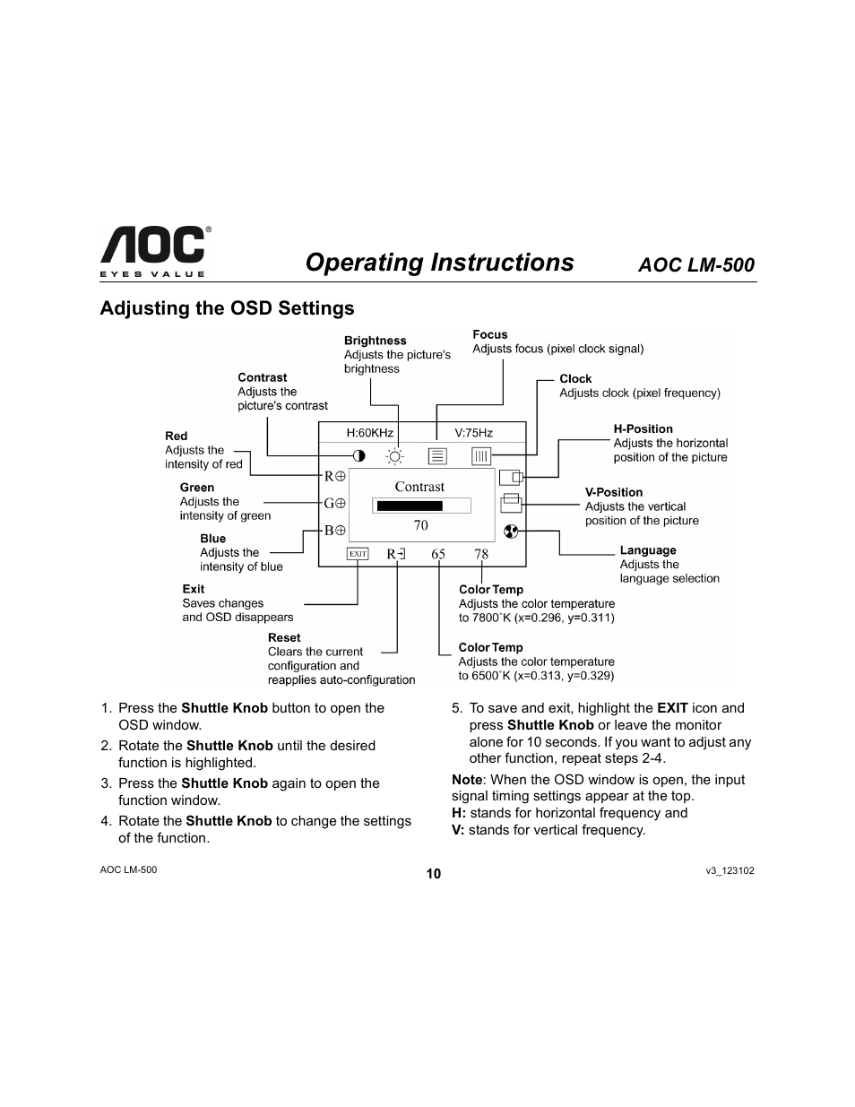 Operating instructions, Aoc lm-500, Adjusting the osd settings | AOC LM-500 User Manual | Page 10 / 18