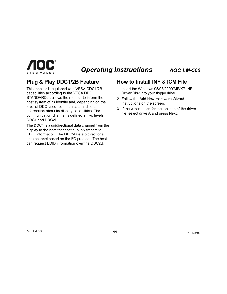 Operating instructions, Aoc lm-500, Plug & play ddc1/2b feature | How to install inf & icm file | AOC LM-500 User Manual | Page 11 / 18