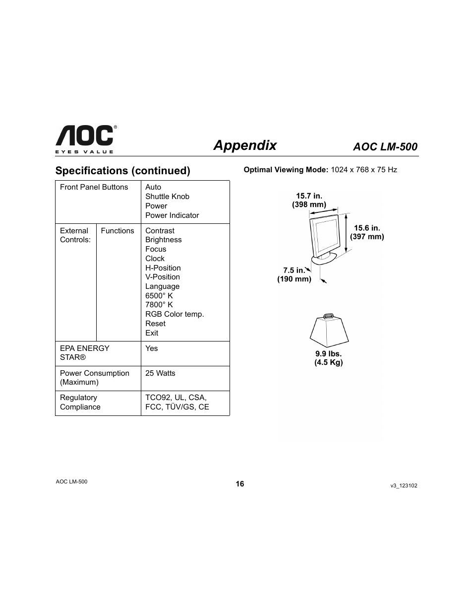 Appendix, Aoc lm-500, Specifications (continued) | AOC LM-500 User Manual | Page 16 / 18