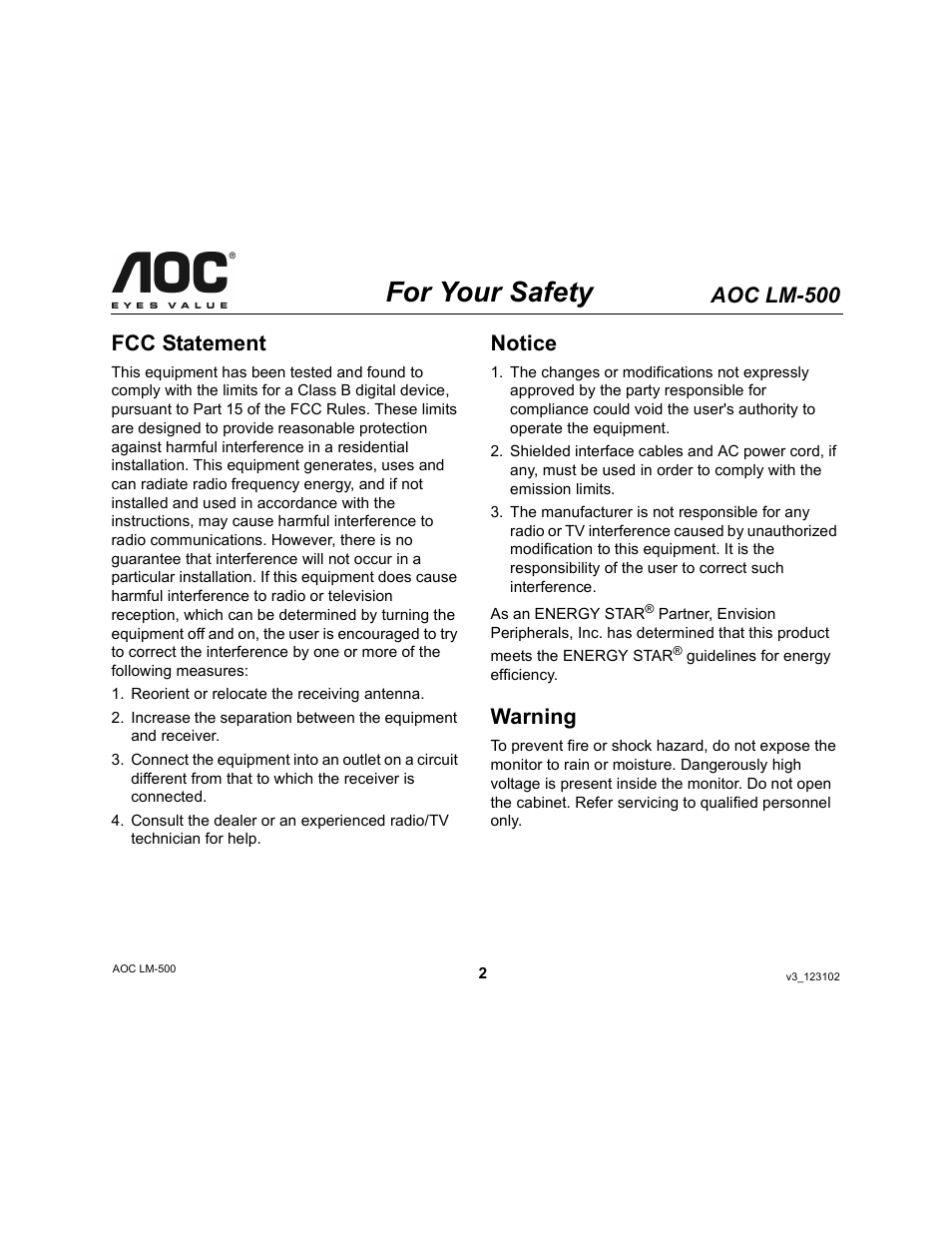 For your safety, Aoc lm-500, Fcc statement | Notice, Warning | AOC LM-500 User Manual | Page 2 / 18