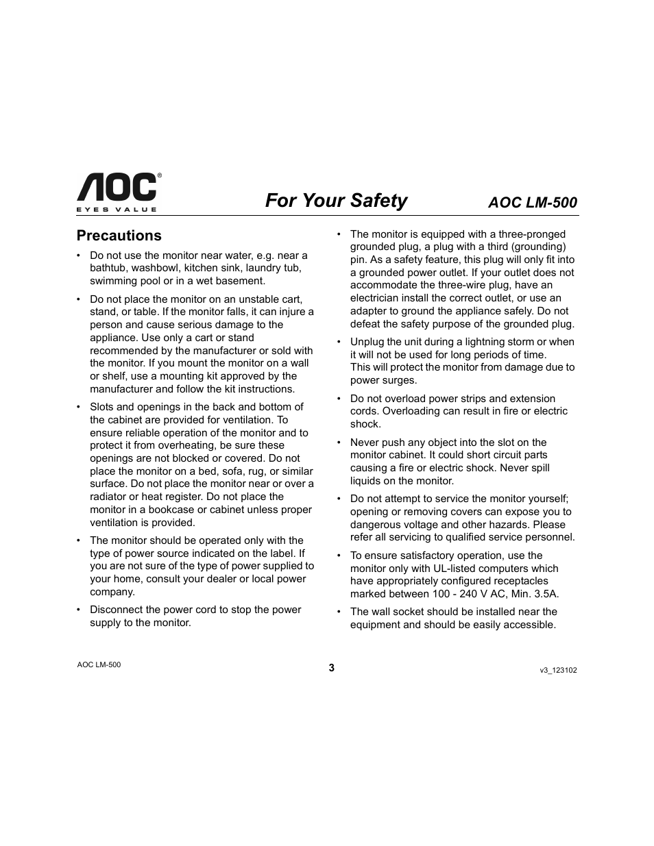 For your safety, Aoc lm-500, Precautions | AOC LM-500 User Manual | Page 3 / 18