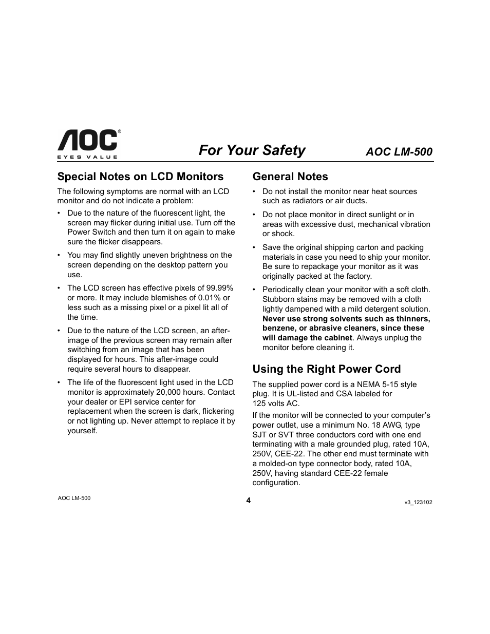 For your safety, Aoc lm-500, Using the right power cord | AOC LM-500 User Manual | Page 4 / 18