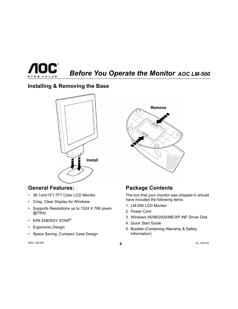 Before you operate the monitor, Aoc lm-500, Installing & removing the base general features | Package contents | AOC LM-500 User Manual | Page 5 / 18