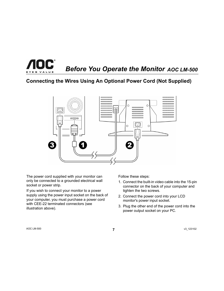 Before you operate the monitor, Aoc lm-500 | AOC LM-500 User Manual | Page 7 / 18