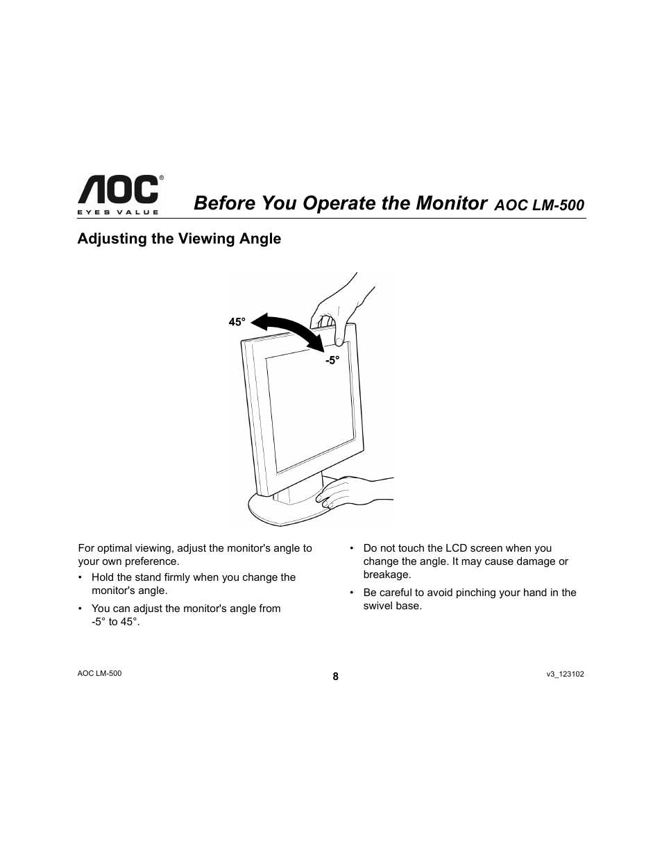 Before you operate the monitor, Aoc lm-500, Adjusting the viewing angle | AOC LM-500 User Manual | Page 8 / 18