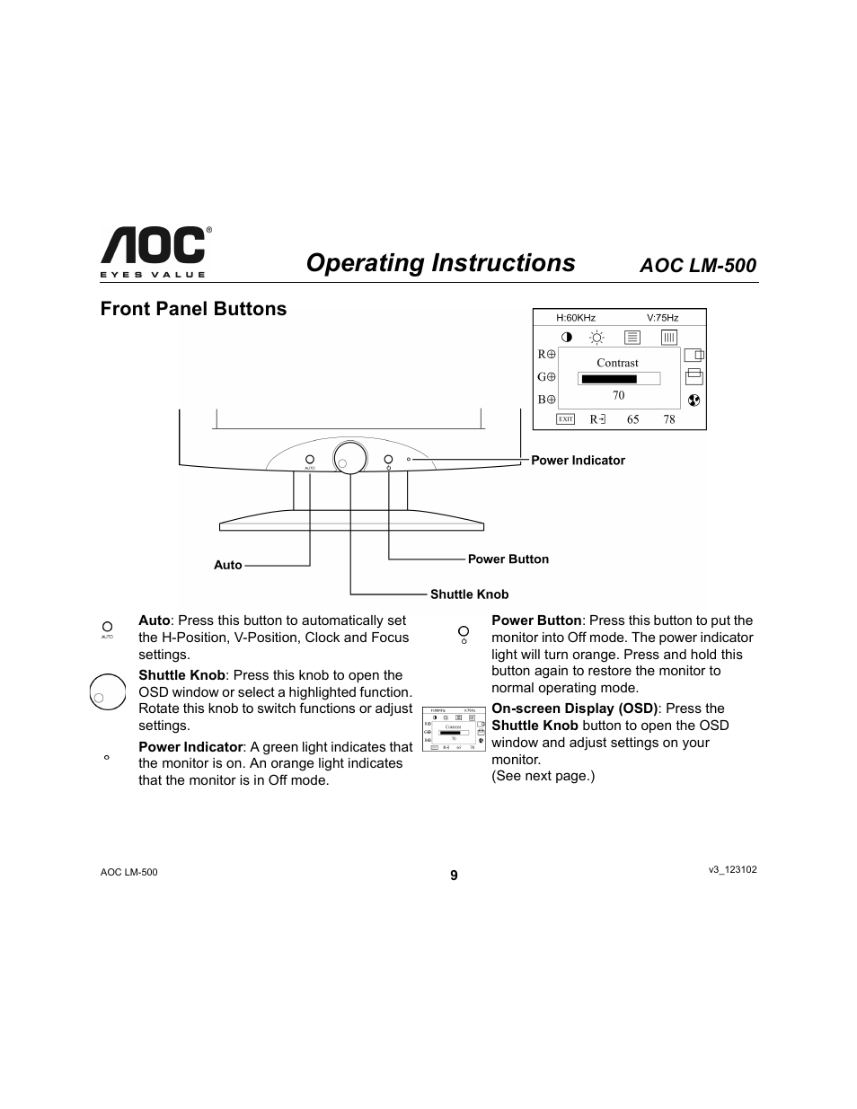 Operating instructions, Aoc lm-500, Front panel buttons | AOC LM-500 User Manual | Page 9 / 18