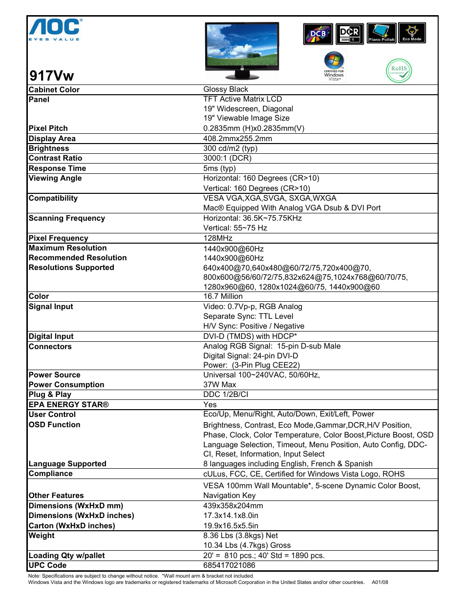 AOC 917VW User Manual | 1 page