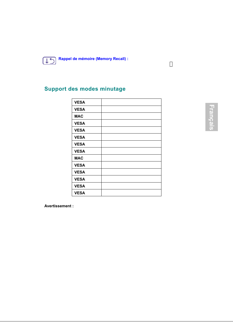 Support des modes minutage, Français | AOC 197S-1 User Manual | Page 21 / 34