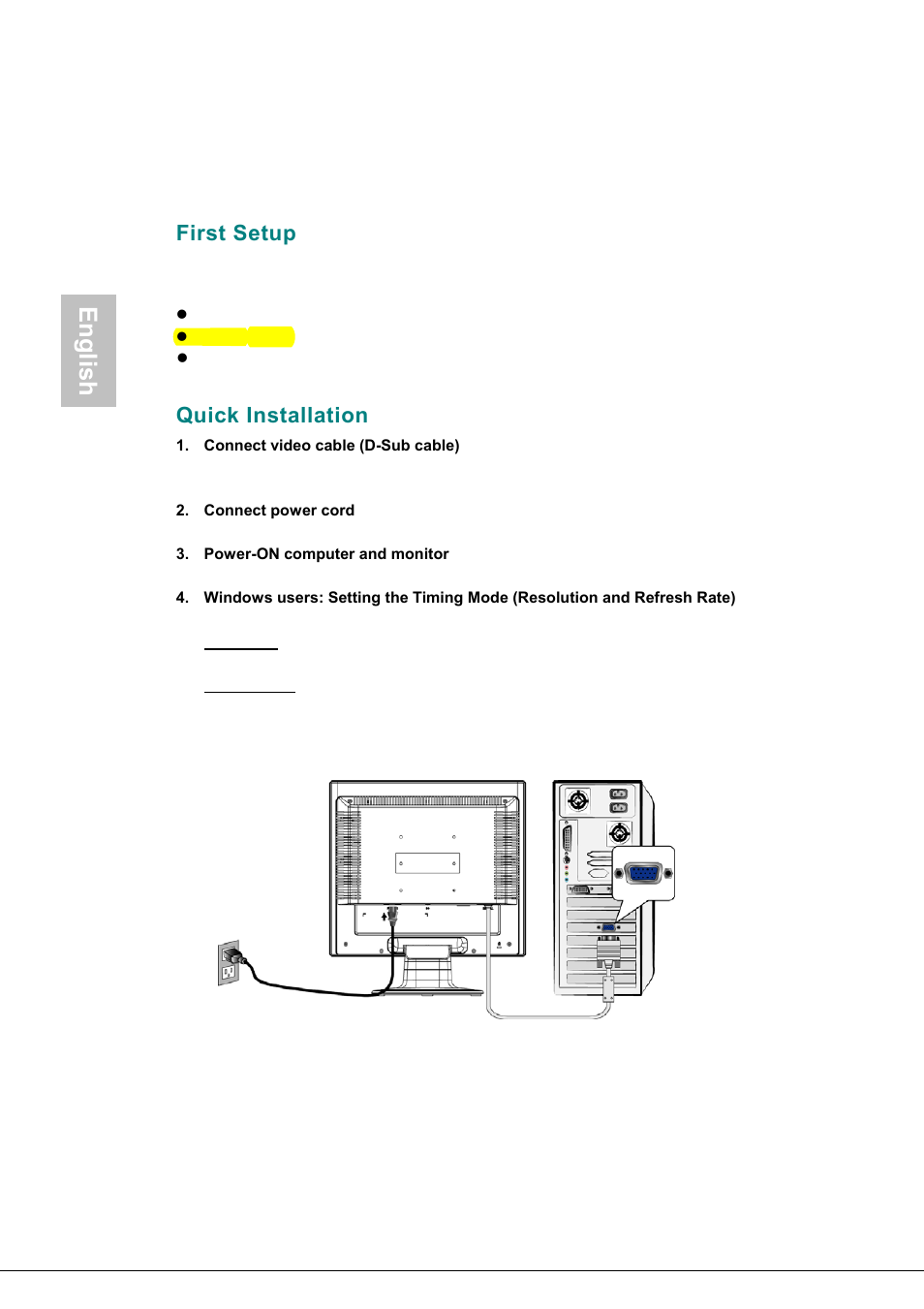 First setup, Quick installation, English | AOC 197S-1 User Manual | Page 5 / 34